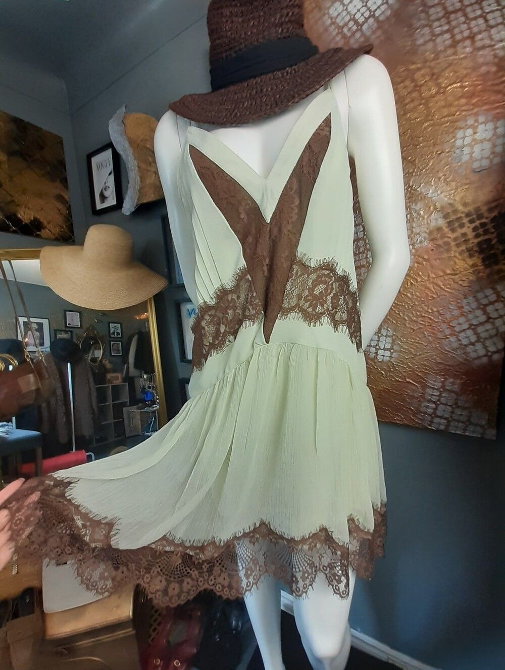 Zara Nwt Lace-Trim Chiffon Slip Dress in Pale Green and Chocolate Brown